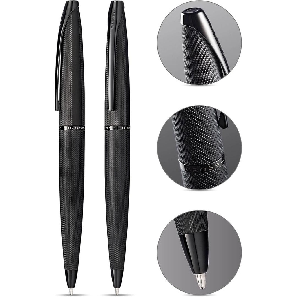 Cross ATX® Brushed Black with Machine-Turned Diamond Pattern Engraving with Polished Black PVD Appointments Ballpoint Pen (Blue Ink) - Image 2